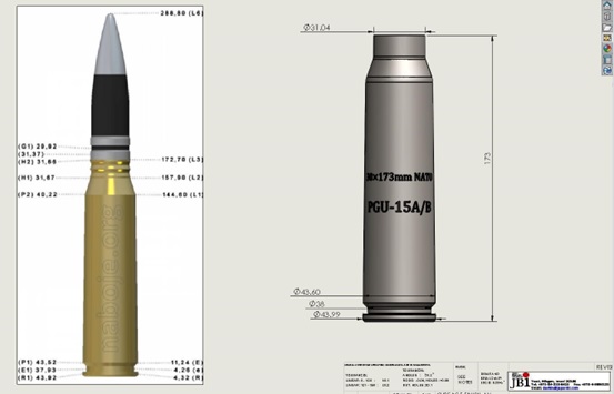 30mm Caliber Chamber Boresight Round - Dimenstions